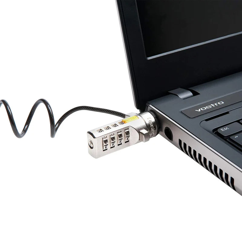 A laptop lock with a combination dial attached to a laptop, showing the cable and lock mechanism.